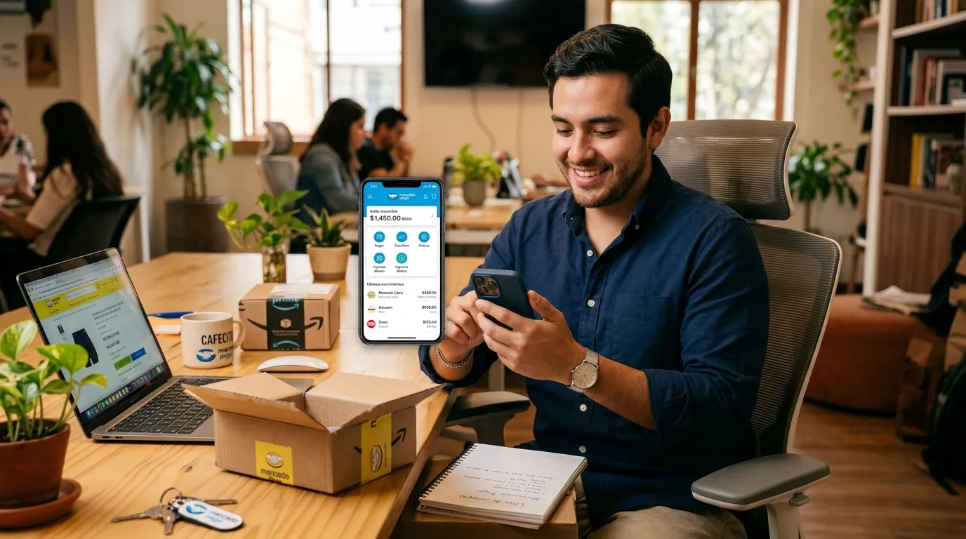Persona sentada en escritorio usa Mercado Pago, app de pago digital, en su smartphone en México