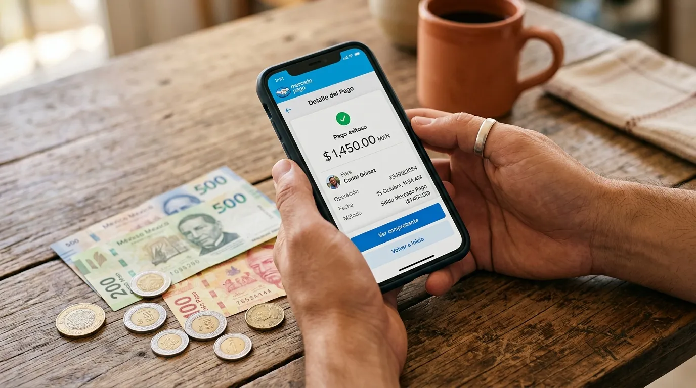 Persona realiza un pago con la app de Mercado Pago en un smartphone sobre una mesa de madera con monedas y billetes
