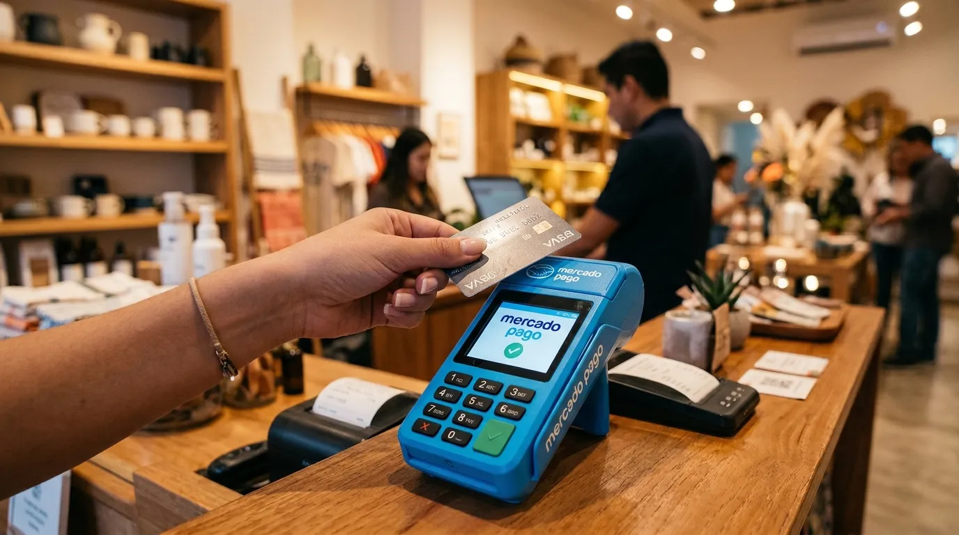 Persona que paga con tarjeta en la pasarela de pago digital de Mercado Pago