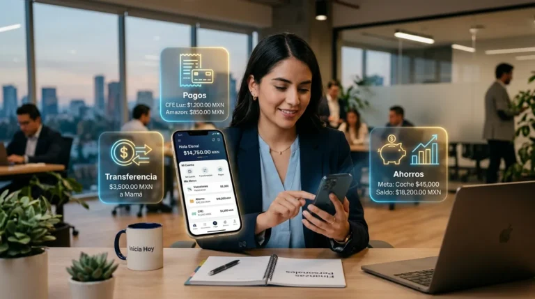 Persona oficinista utiliza una fintech en su teléfono móvil para transferir, ahorrar y pagar