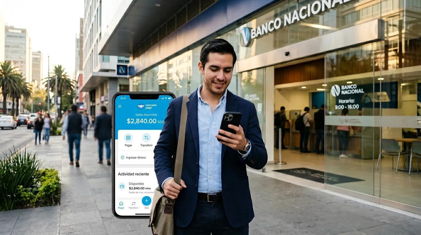 Persona a las afueras de un banco usa app de Mercado Pago