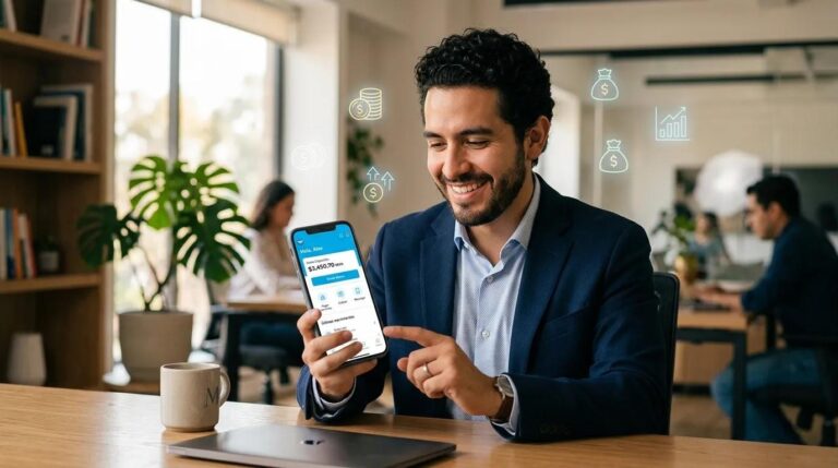 Persona sonriente muestra pantalla de fintech Mercado Pago en su celular