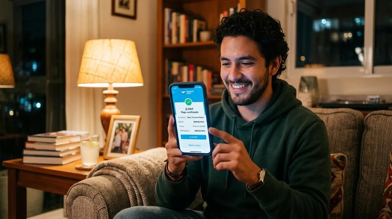 Persona usa app de Mercado Pago de noche en su casa
