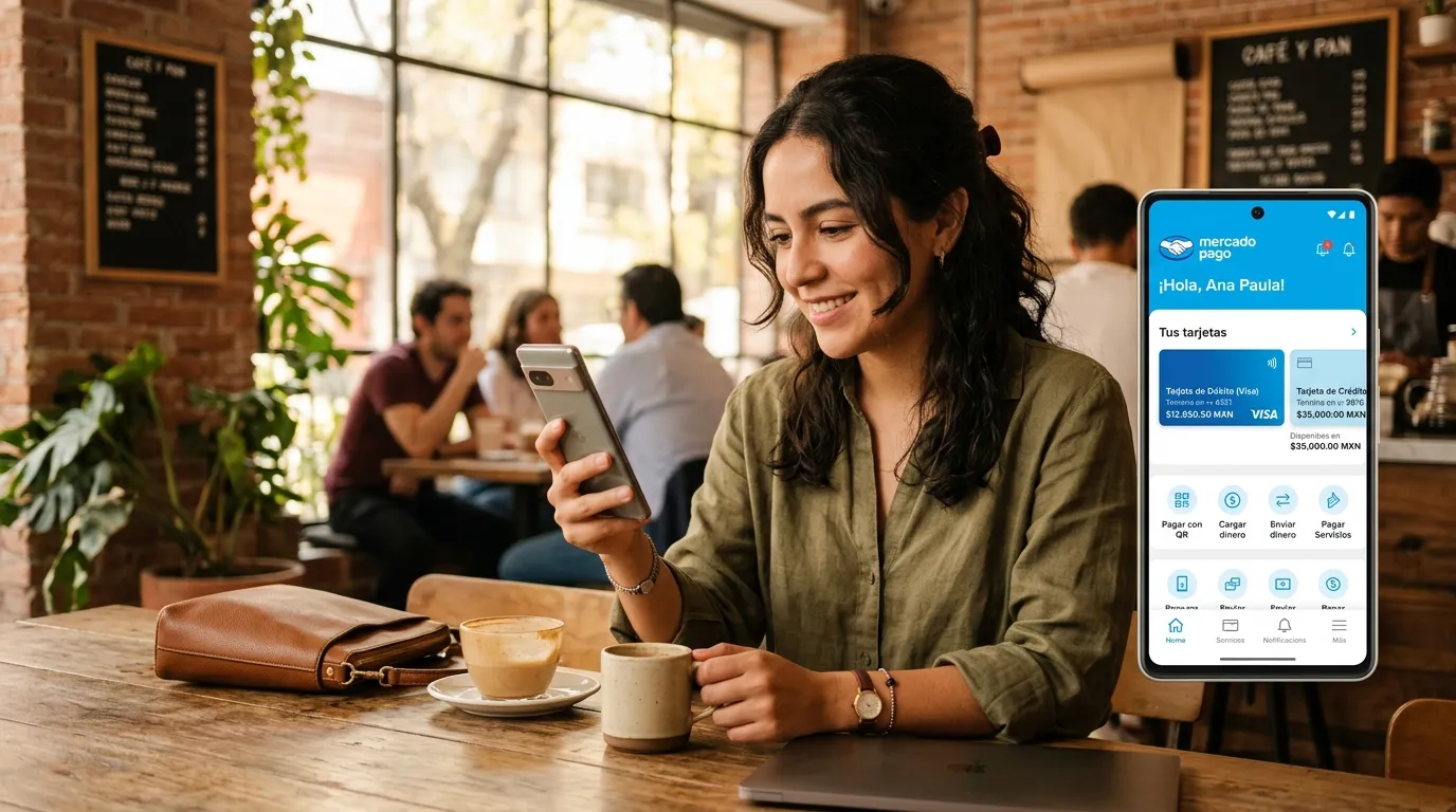 Mujer que consulta opciones de tarjetas en la app Mercado Pago