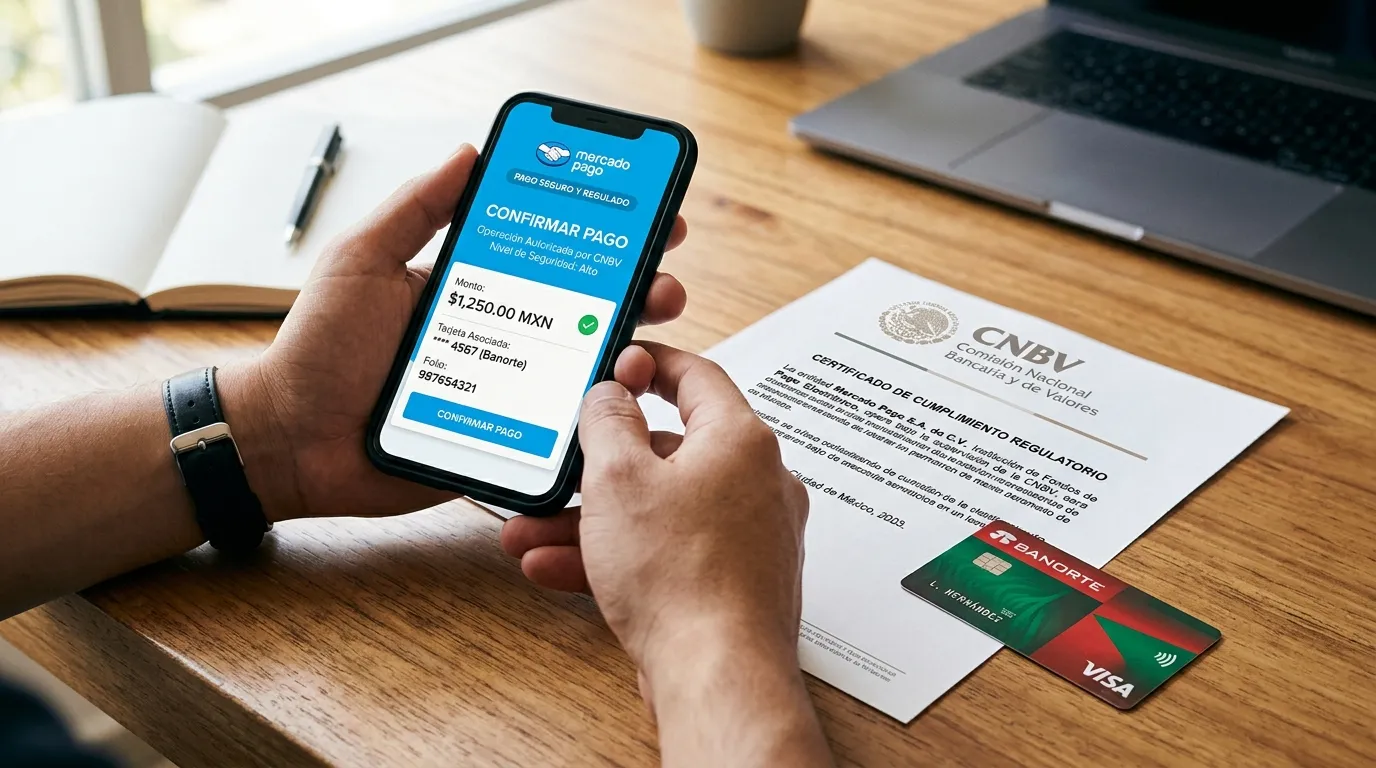 Persona usa app de Mercado Pago para confirmar un pago con un papel de la CNBV y una tarjeta bancaria de la red visa en el escritorio
