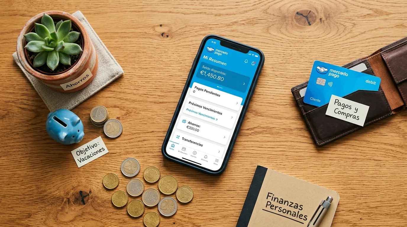 Smartphone muestra la app de Mercado Pago sobre una mesa con alcancía y monedas, cuaderno de finanzas personales con bolígrafo y billetera con tarjeta de Mercado Pago visible