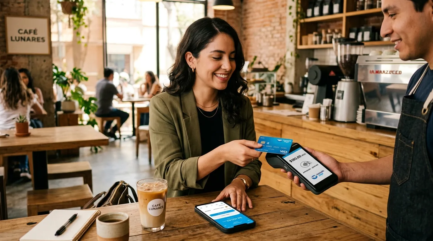 Persona realizando pago con tarjeta Mercado Pago de la red Visa en cafetería
