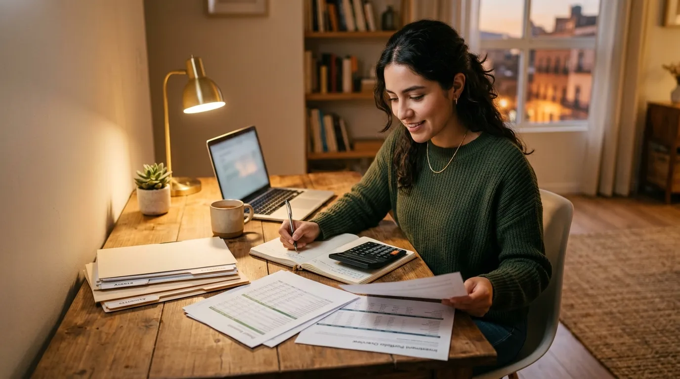 Joven mujer analizando sus activos y patrimonio financiero en su escritorio