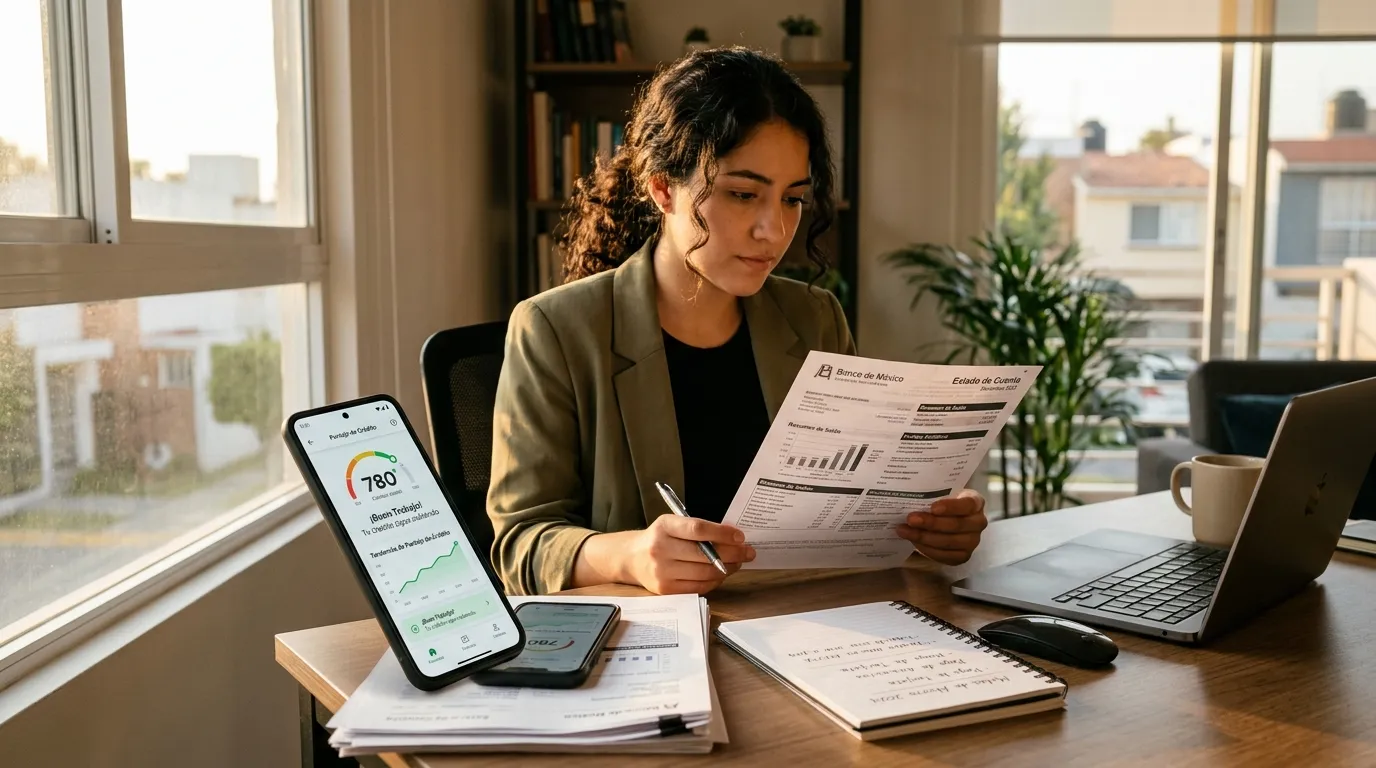 Mujer que revisa su historial crediticio y la importancia en sus finanzas personales