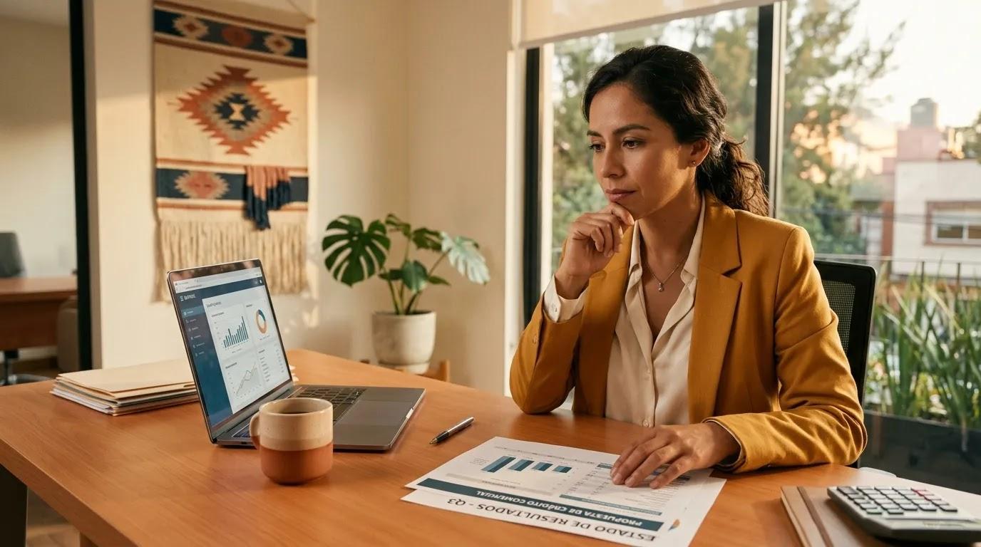 Mujer empresaria analizando opciones de crédito empresarial en su escritorio