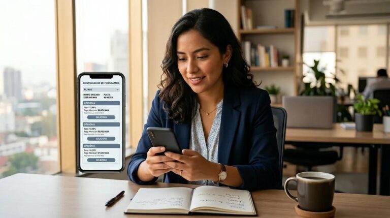 Mujer comparando plataformas de préstamos en línea en México