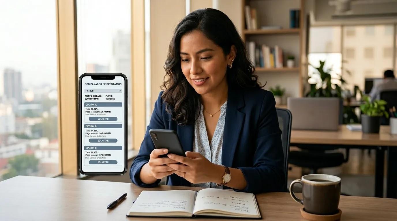 Mujer comparando plataformas de préstamos en línea en México