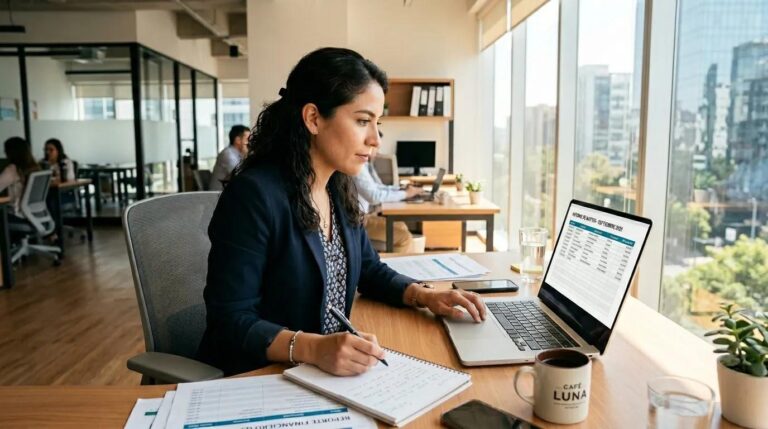 Persona emprendedora administrando los gastos de su empresa con anotador y computadora portátil