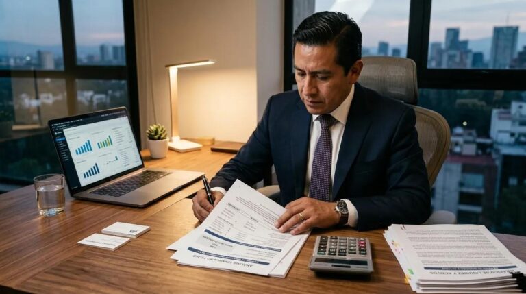 Hombre analizando el índice de liquidez de una empresa con documentos