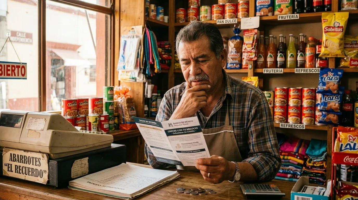 Hombre investigando los mitos del crédito empresarial en un negocio mexicano