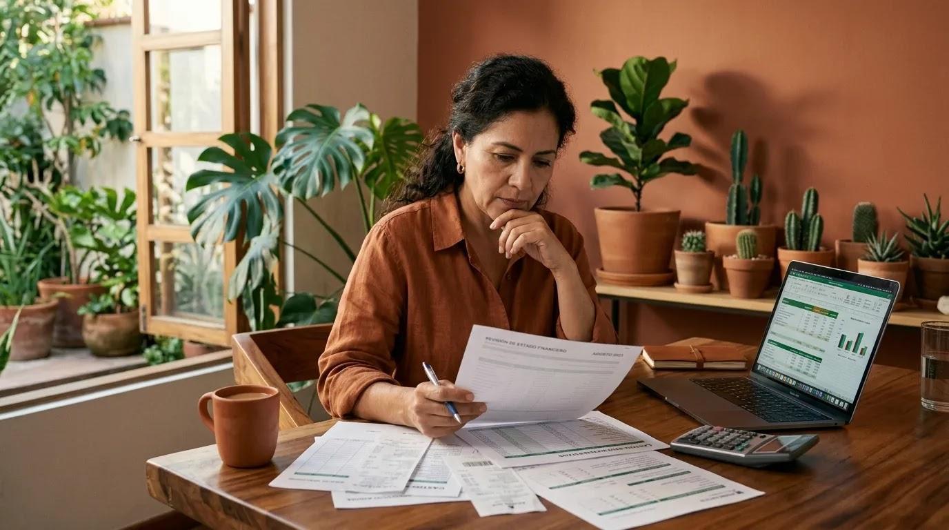 Mujer evaluando opciones antes de solicitar un préstamo en línea