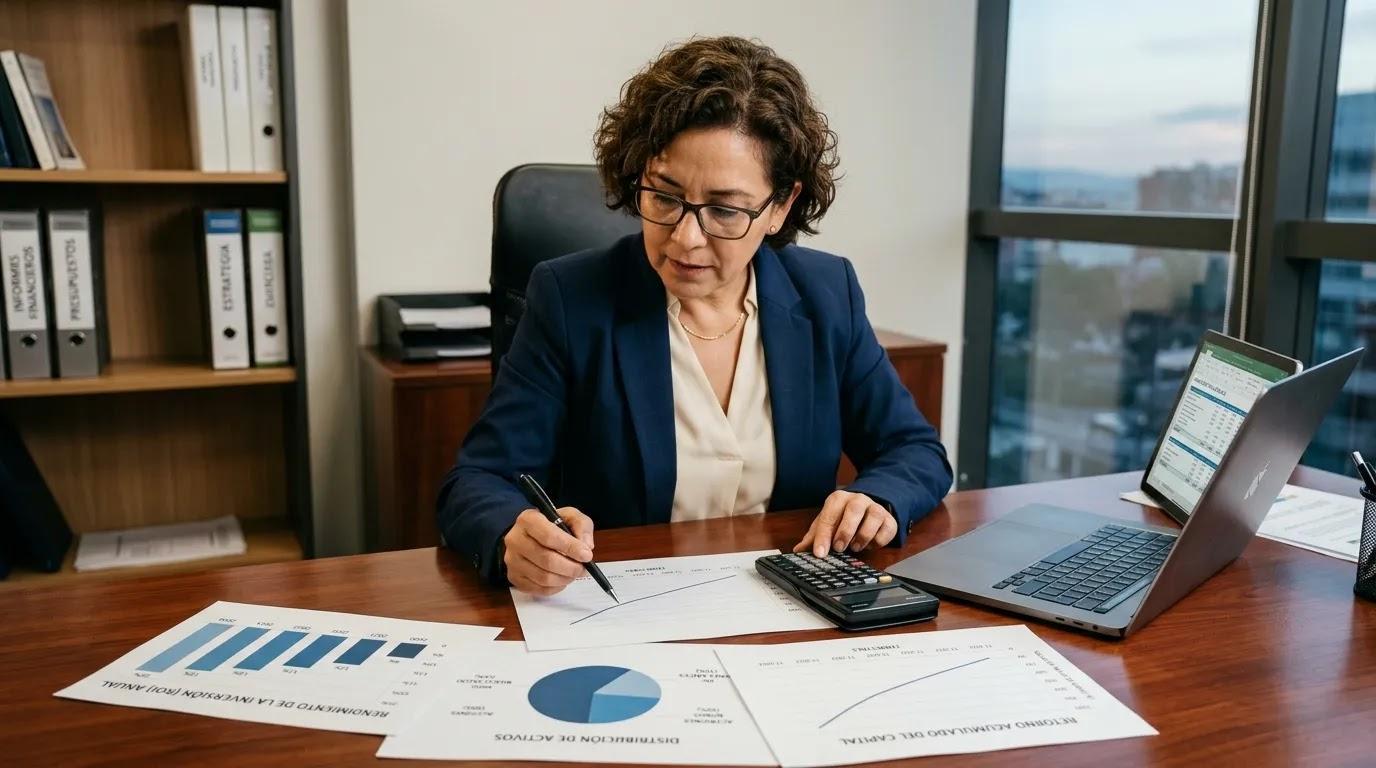 Mujer profesional analizando indicadores financieros de retorno de capital en una oficina