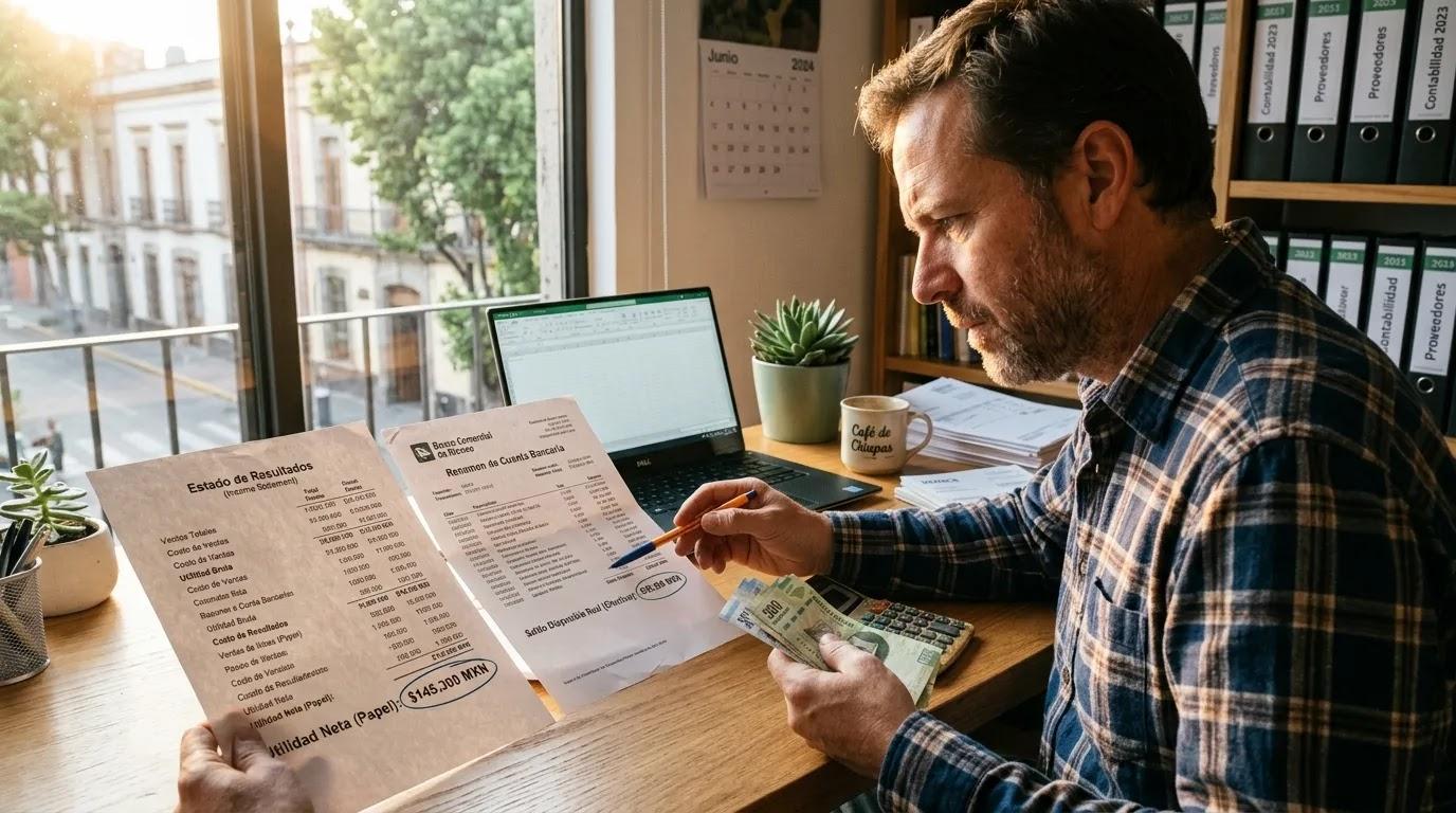 Hombre que analiza la diferencia entre flujo de efectivo real y utilidad contable