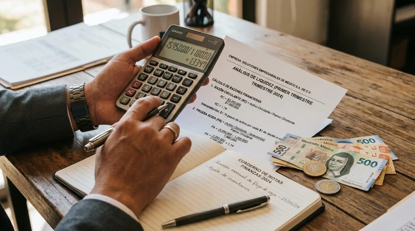 Persona calculando el índice de liquidez con calculadora y documentos