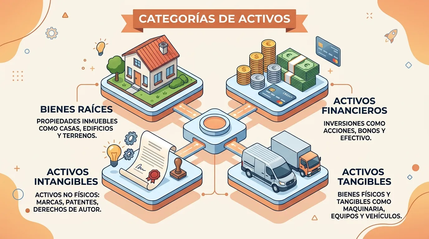 Tipos de activos tangibles, financieros e intangibles ilustrados