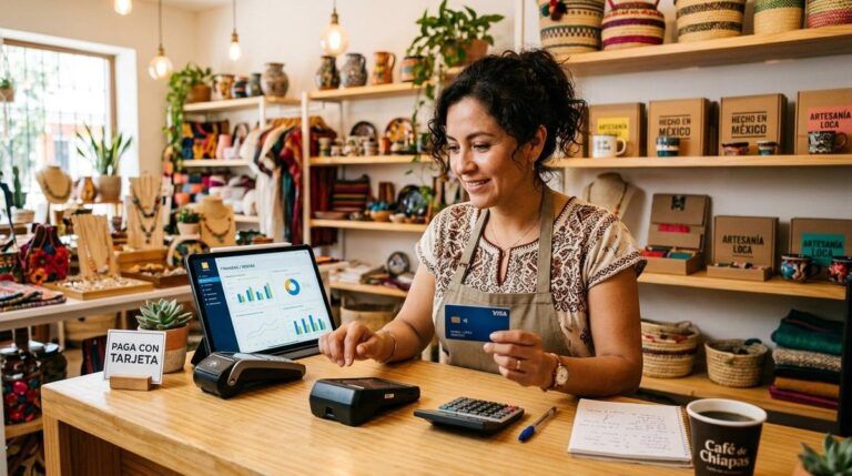 Mujer que usa tarjeta de crédito Mercado Pago para su negocio