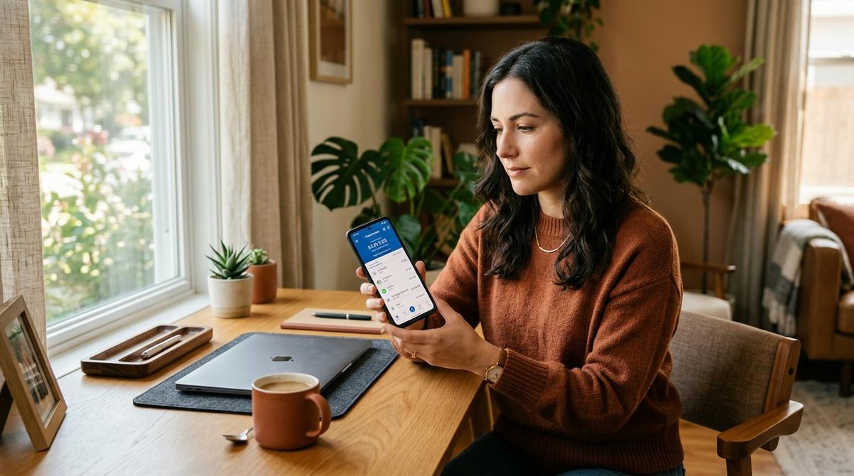 Mujer que elige un tipo de cuenta de finanzas