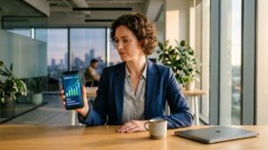 Mujer que observa los rendimientos para empresas en Mercado Pago