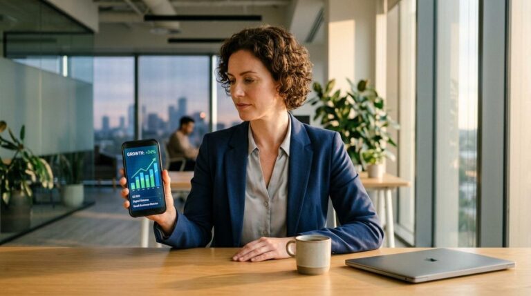 Mujer que observa los rendimientos para empresas en Mercado Pago