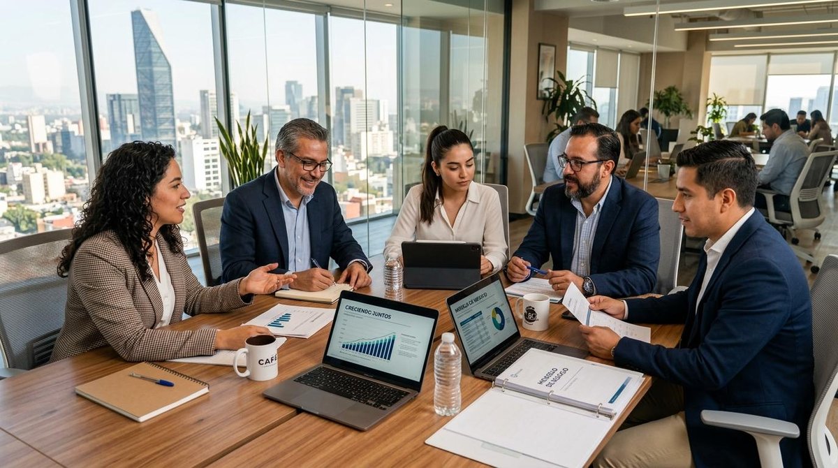 Personas reunidas que analizan opciones de capital para empresas