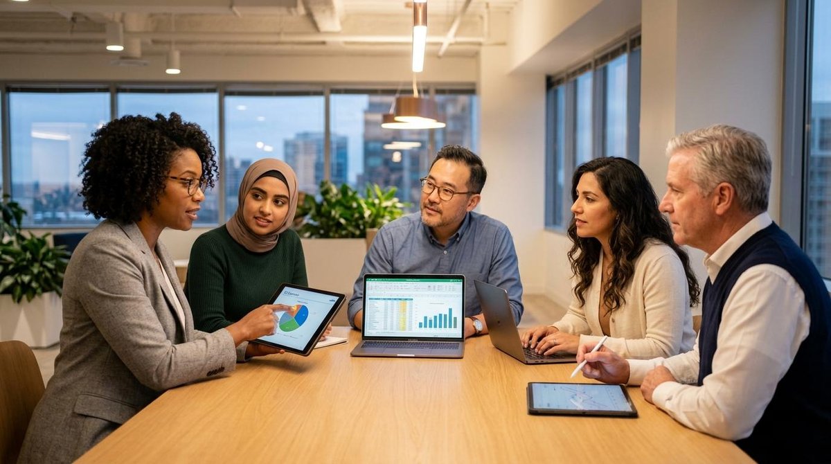 Equipo de trabajo multicultural analizando datos en un escritorio.