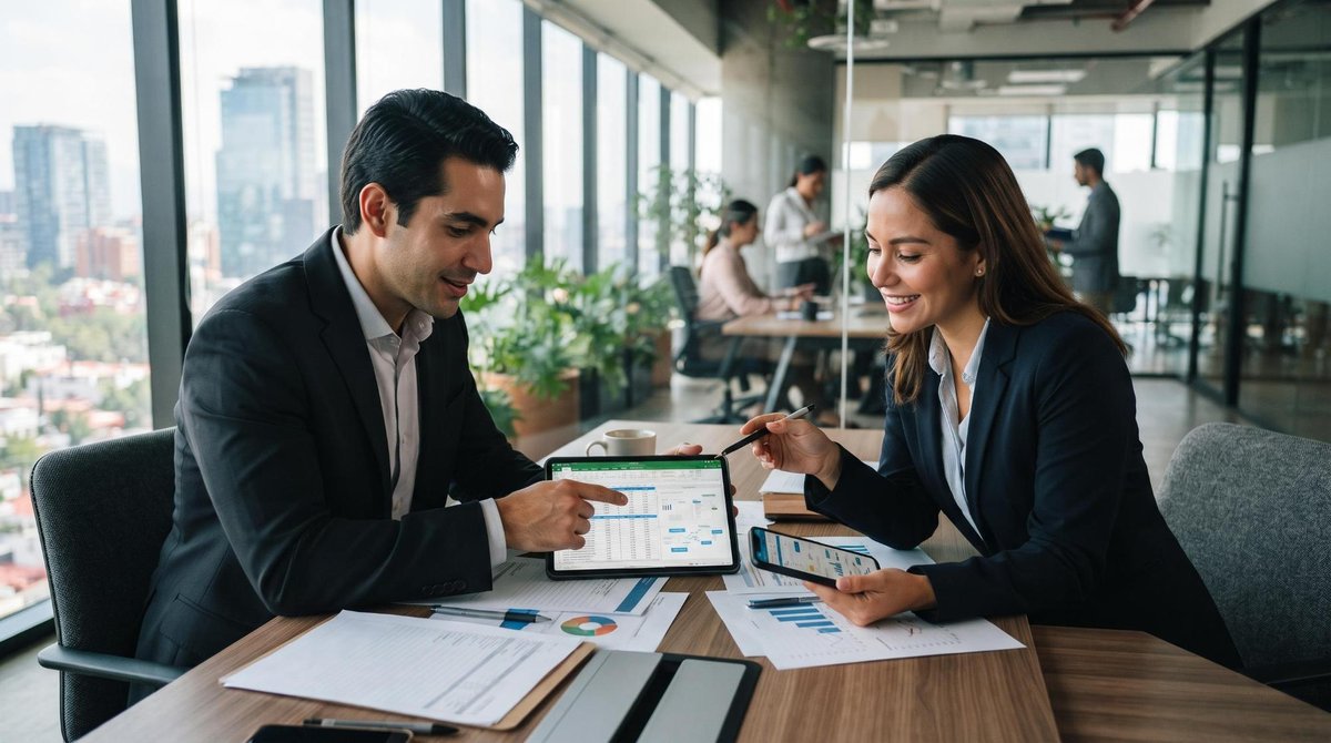 Dos personas revisan gráficos en tabletas y documentos sobre una mesa de oficina con vista a la ciudad