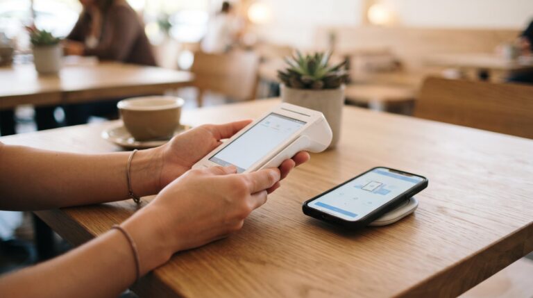 Manos sosteniendo una pequeña terminal de cobro portátil color blanco sobre una mesa moderna, con un smartphone al lado encendido