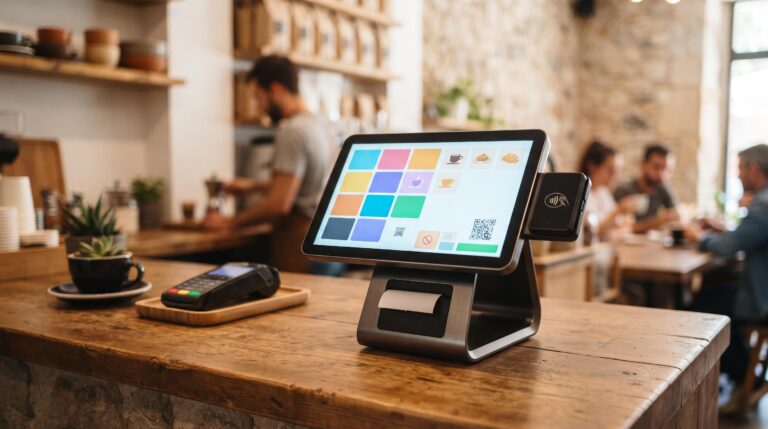 Una terminal de punto de venta inteligente moderna sobre un mostrador de madera en un establecimiento comercial bien iluminado, con una pantalla táctil