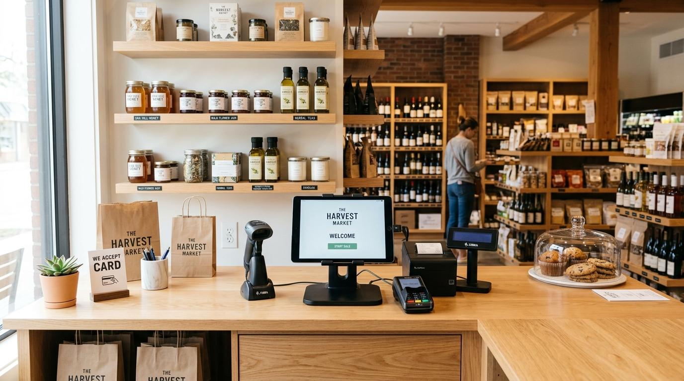 Vista de un mostrador de tienda organizado con productos ordenados en estantes y una terminal de cobro digital lista para usar, ambiente de comercio