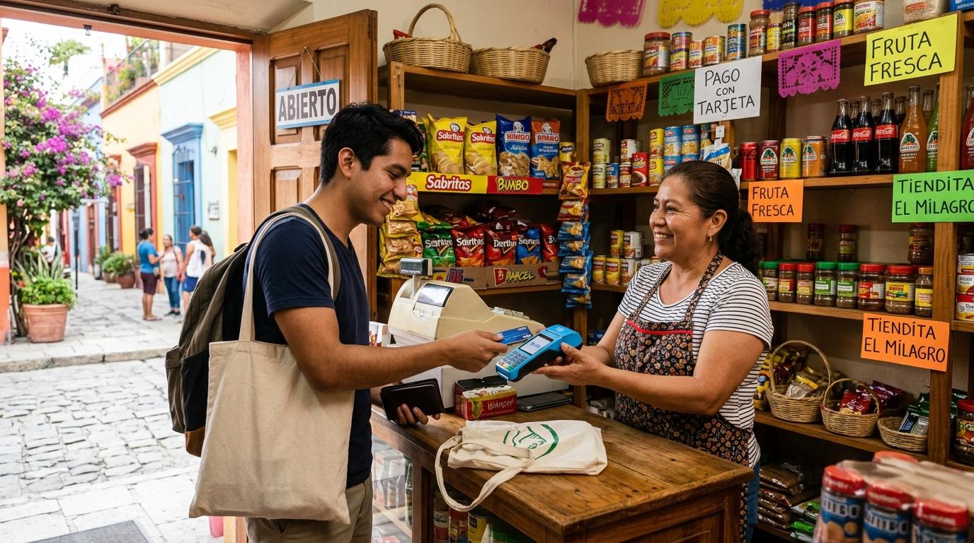 Hombre paga con tarjeta en una tienda atendida por mujer sonriente
