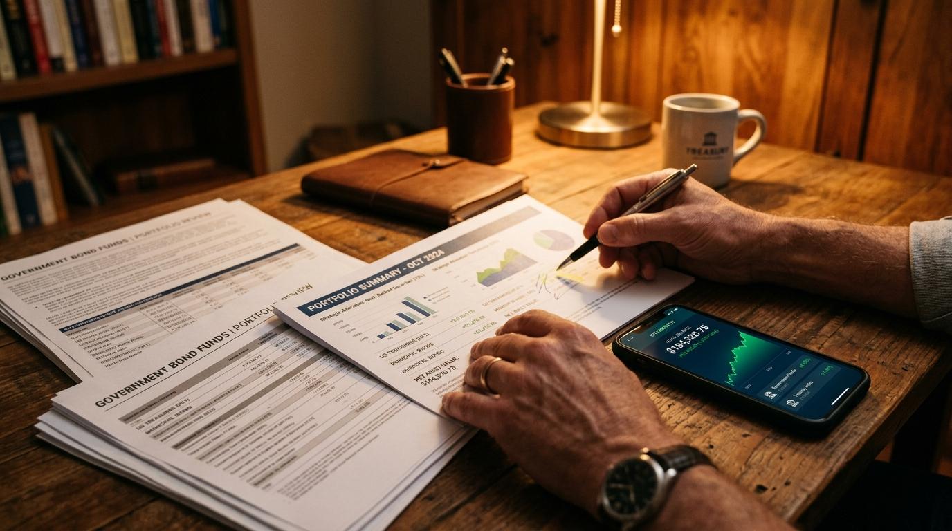 Manos de una persona revisando documentos financieros junto a un teléfono inteligente que muestra incrementos de saldo, con elementos visuales sutiles