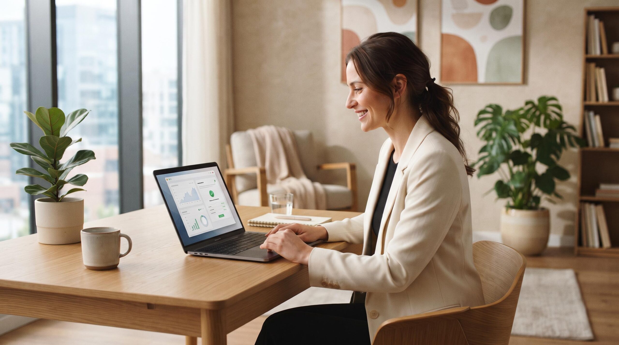 Consultorio profesional contemporáneo con una persona verificando su cuenta digital en una laptop, ambiente luminoso y minimalista con plantas decorativas