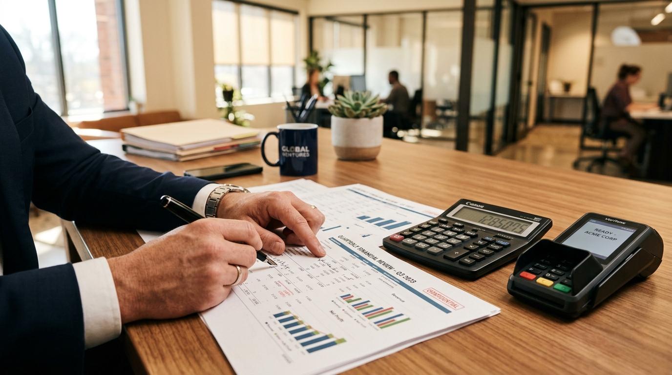 Manos de un empresario analizando documentos financieros junto a una calculadora y una terminal de pagos en una mesa de trabajo, oficina moderna 