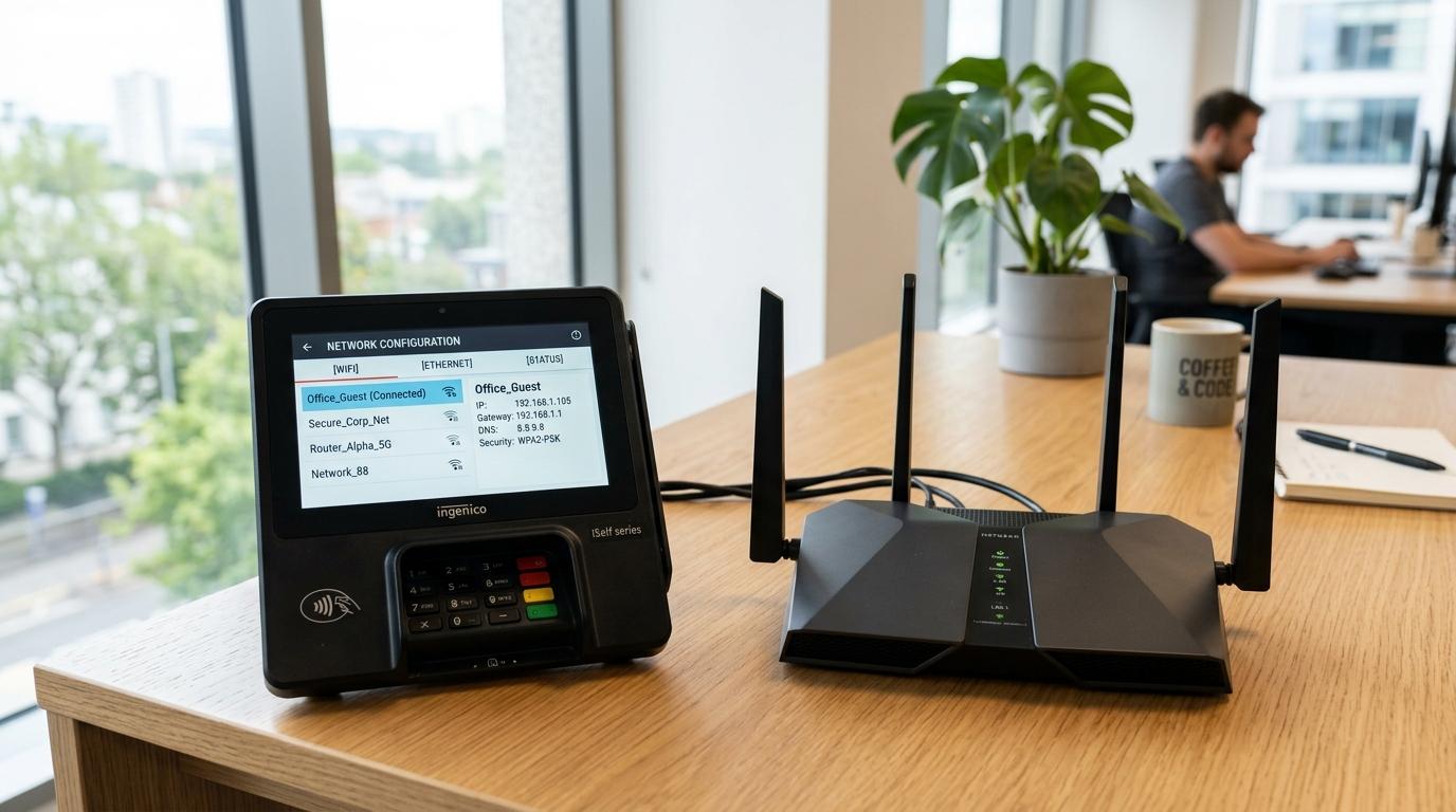 Vista cercana de una terminal de punto de venta sobre una mesa junto a un router WiFi moderno, con la pantalla del dispositivo mostrando una interfaz