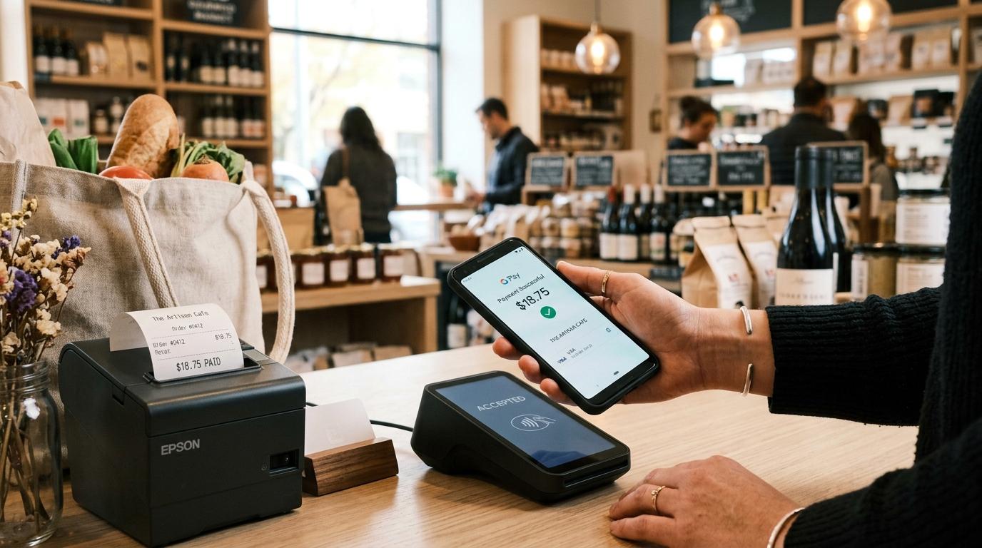 Primer plano de manos sosteniendo un teléfono inteligente en una transacción digital sobre un mostrador de tienda, con luz natural y ambiente comercial