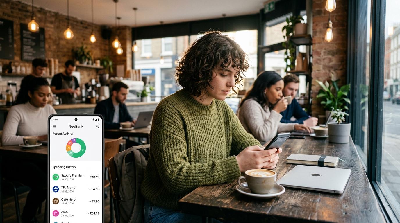 Una persona joven revisando su actividad financiera en una aplicación móvil mientras está sentada en un café moderno