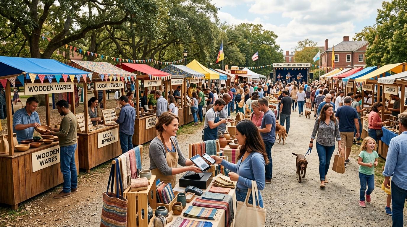 Vista panorámica de una feria artesanal en exteriores con múltiples puestos de madera bajo toldos vibrantes, vendedores interactuando con clientes