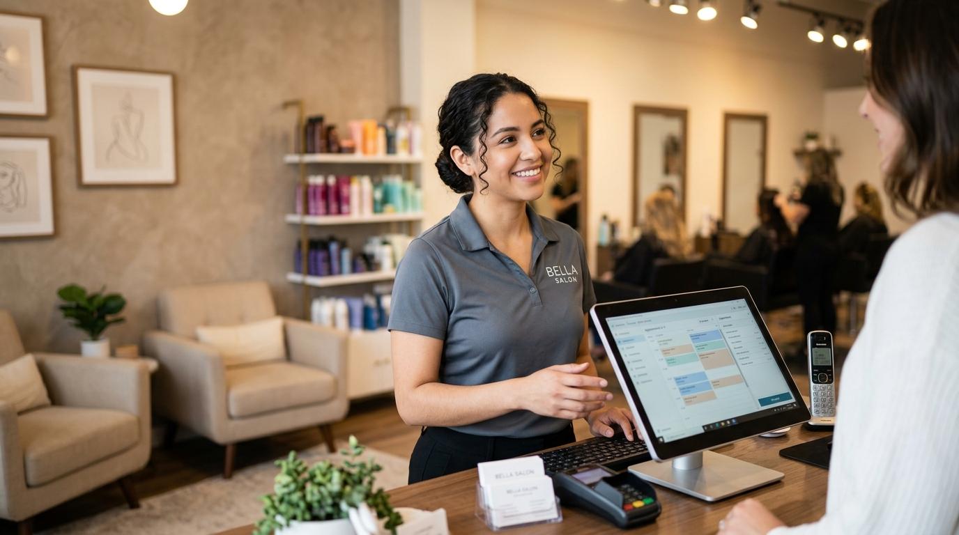 Una recepcionista en un restaurante o salón de belleza mexicano gestiona reservaciones desde una terminal digital mientras sonríe al cliente