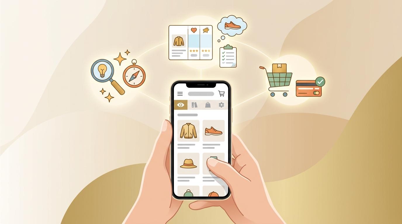Manos sosteniendo un smartphone mostrando una tienda online en pantalla, con iconos flotantes que representan las etapas de descubrimiento