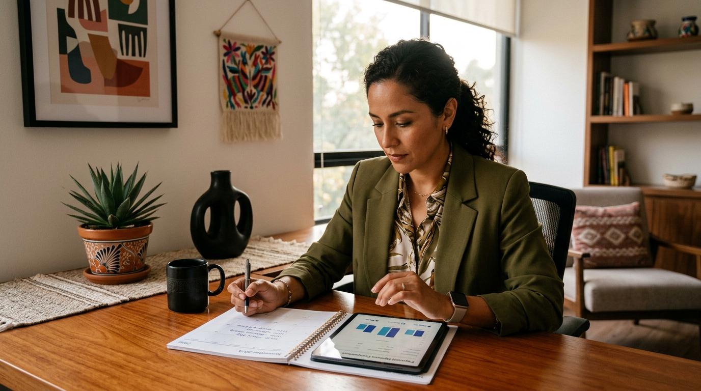 Profesional revisando diferentes opciones de cobro en una tablet mientras consulta su calendario de citas impreso, en un espacio de trabajo elegante