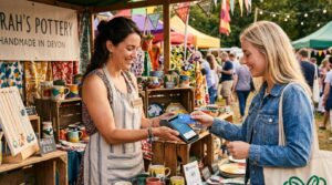 Vendedor en un puesto de feria artesanal al aire libre procesando un pago con una terminal portátil compacta mientras el cliente acerca su tarjeta