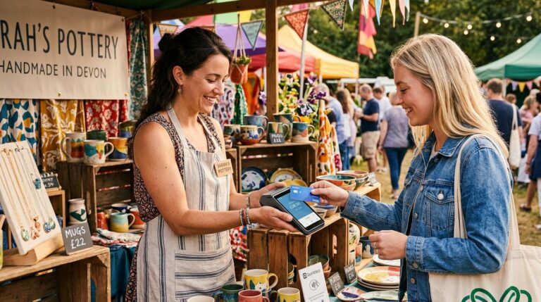 Vendedor en un puesto de feria artesanal al aire libre procesando un pago con una terminal portátil compacta mientras el cliente acerca su tarjeta