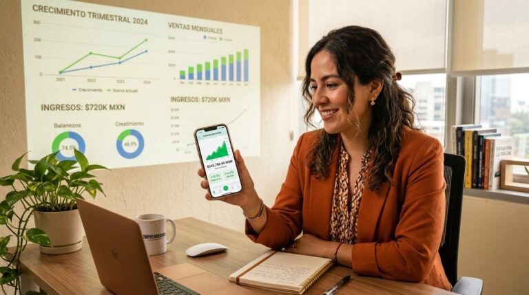 Emprendedora mexicana revisando el crecimiento de su saldo en un smartphone sobre un escritorio de trabajo moderno, con gráficos de rendimientos financiero