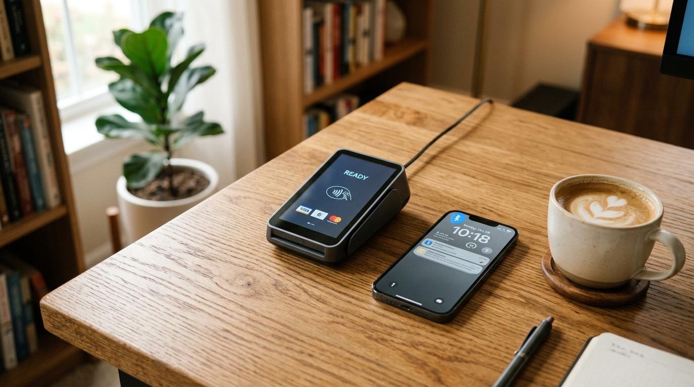 Escritorio ordenado con una terminal de pagos compacta, un smartphone con el icono de Bluetooth visible y una taza de café
