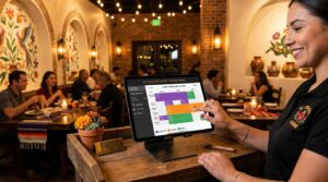 Una pantalla de tableta moderna muestra una interfaz de sistema de punto de venta con un calendario de reservas colorido en un restaurante elegante
